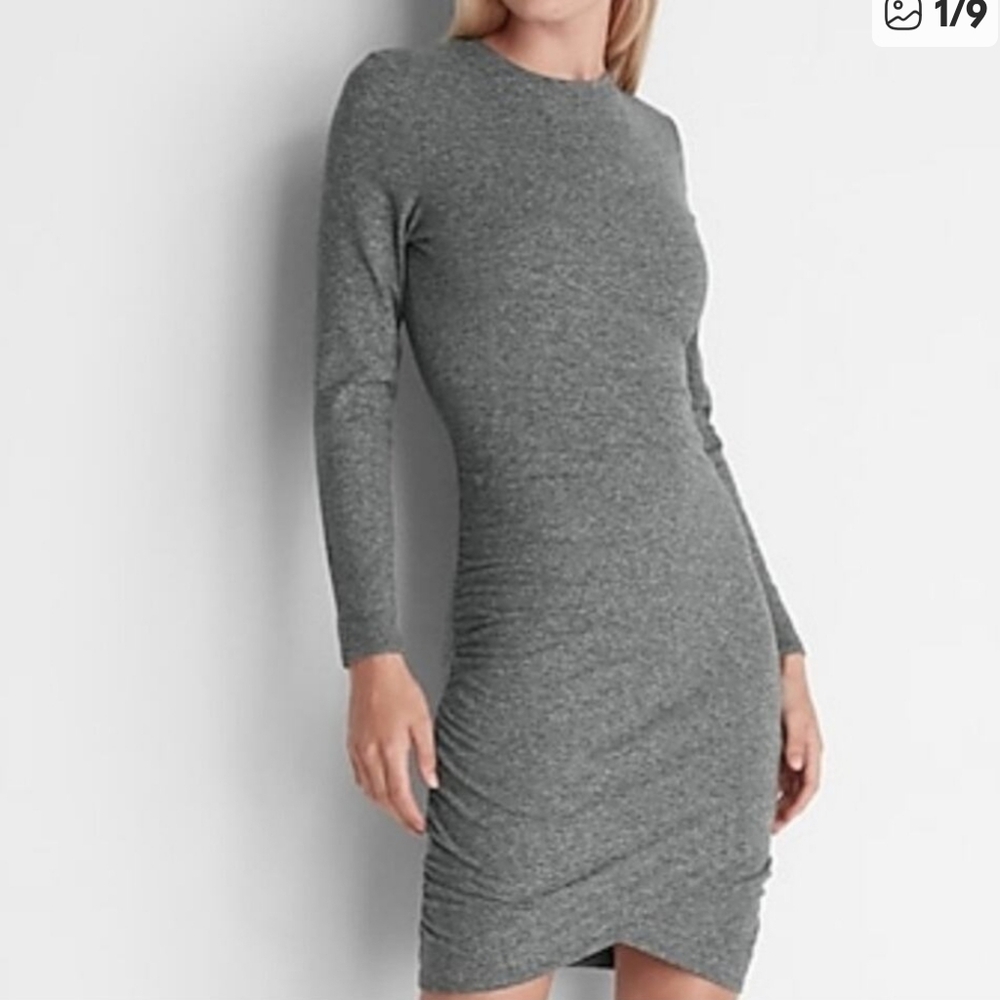 Express Gray Long Sleeve Ruched Dress
